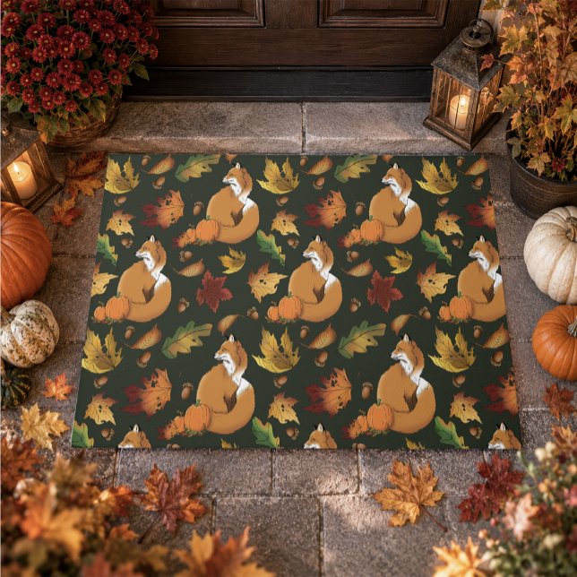 Red Fox Autumn Leaves Acorns Green Pattern Doormat (Creator Uploaded)