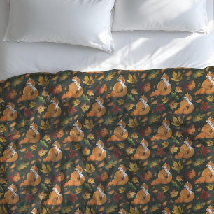 Red Fox Autumn Leaves Acorns Green Pattern Duvet Cover