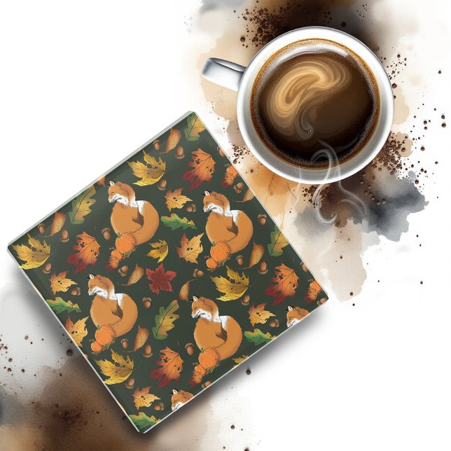 Red Fox Autumn Leaves Acorns Green Pattern Glass Coaster (Creator Uploaded)