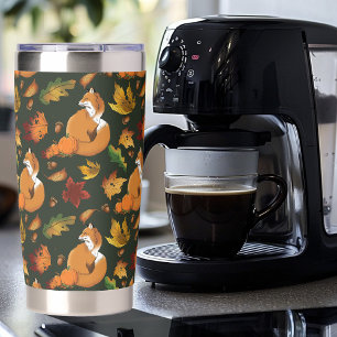 Red Fox Autumn Leaves Acorns Green Pattern Insulated Tumbler