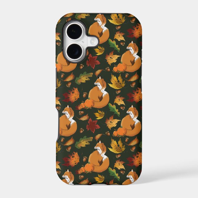 Red Fox Autumn Leaves Acorns Green Pattern Iphone Case (Back)