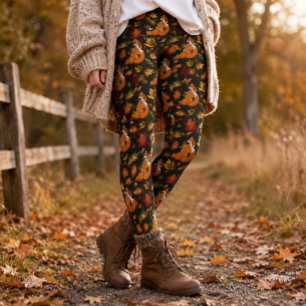 Red Fox Autumn Leaves Acorns Green Pattern Leggings