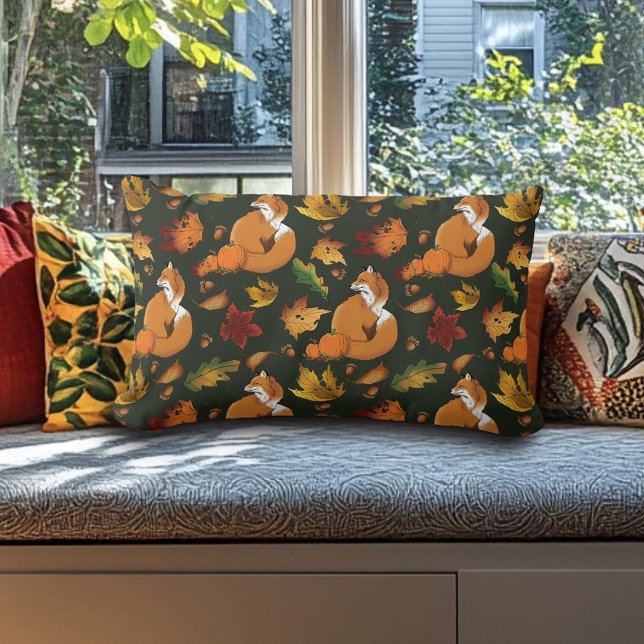 Red Fox Autumn Leaves Acorns Green Pattern Lumbar Pillow (Creator Uploaded)