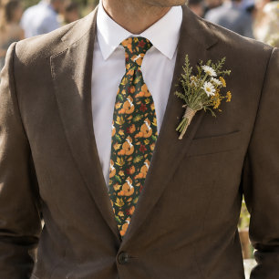 Red Fox Autumn Leaves Acorns Green Pattern Neck Tie