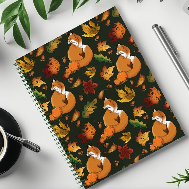 Red Fox Autumn Leaves Acorns Green Pattern Notebook (Creator Uploaded)
