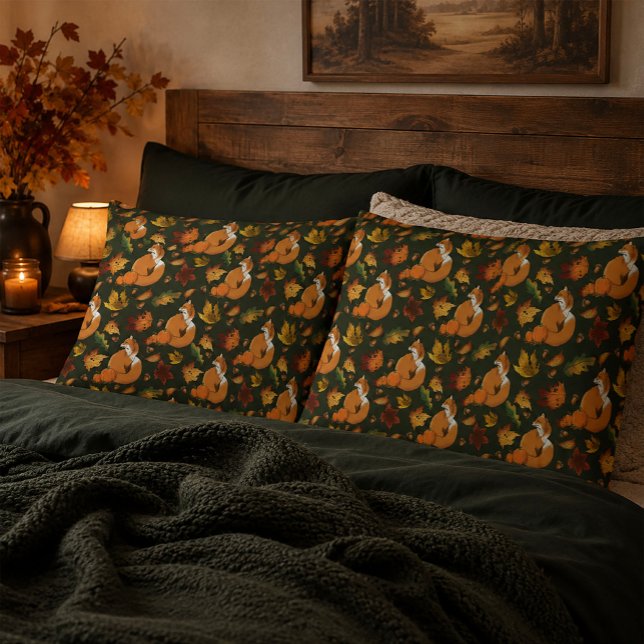 Red Fox Autumn Leaves Acorns Green Pattern Pillow Case (Creator Uploaded)