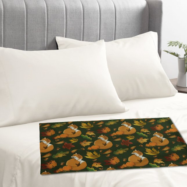 Red Fox Autumn Leaves Acorns Green Pattern Pillow Case (Creator Uploaded)