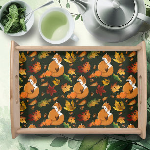 Red Fox Autumn Leaves Acorns Green Pattern Serving Tray