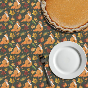 Red Fox Autumn Leaves Acorns Green Pattern Tablecloth