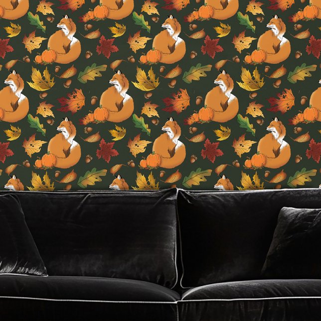 Red Fox Autumn Leaves Acorns Green Pattern Wallpaper (Creator Uploaded)