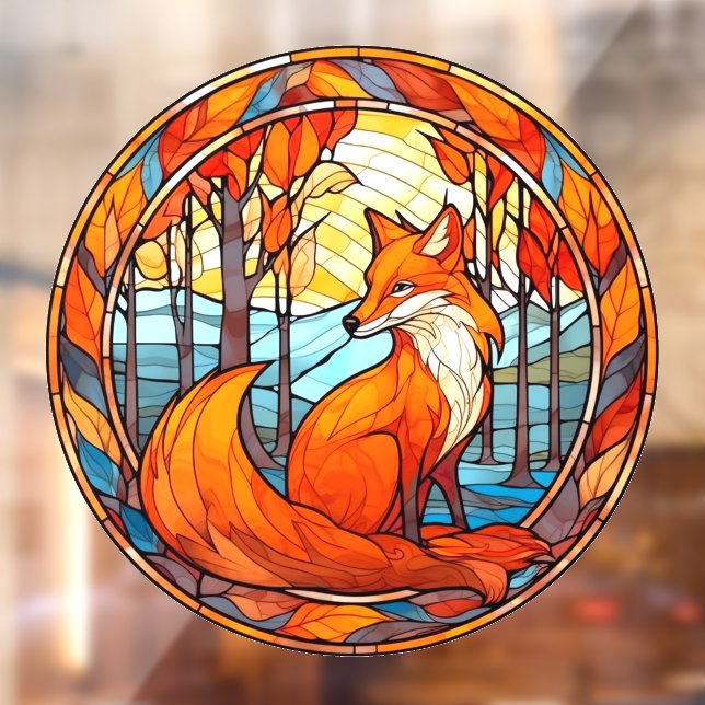 Red Fox Autumn Sunset Faux Stained Glass Window Cling (Sheet 2)