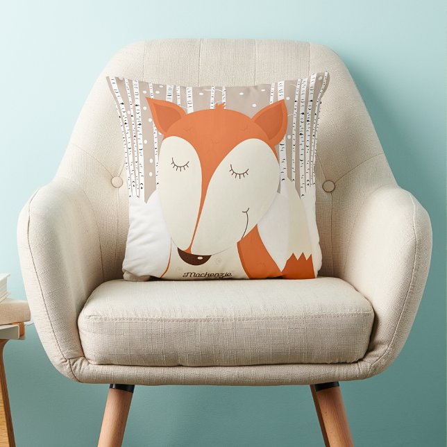 Red Fox Birch Tree Winter Woodland Throw Pillow (Red Fox Pillow with Neutral Birch Trees)