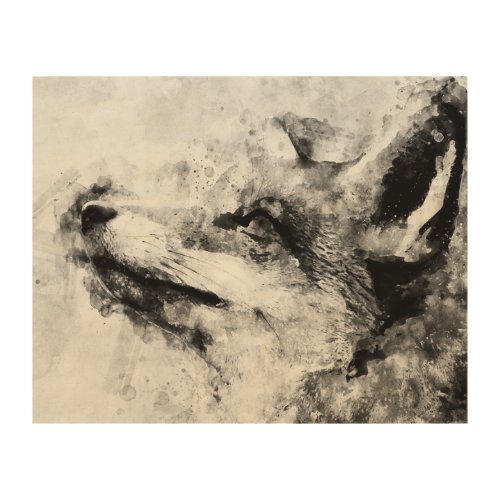 Red Fox Black and White Watercolor 01 Wood Wall Art