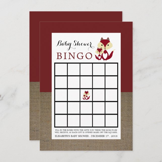 Red Fox Burlap Baby Shower Bingo Invitation (Front/Back)