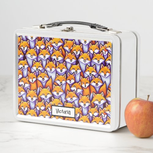 Red fox cartoon DIY name wild forest woodland fun Metal Lunch Box