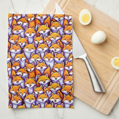 Red fox cartoon doodle woodland animals pattern kitchen towel