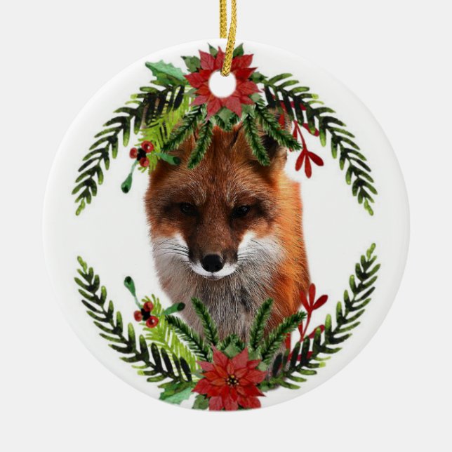 Red Fox Christmas Wildlife Ornament, 2-sided Ceramic Ornament (Front)