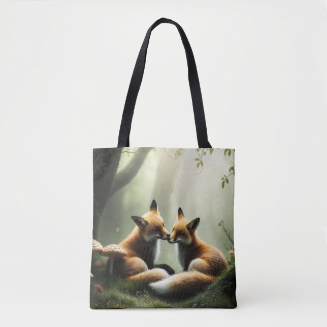 Red Fox Cuddle in Misty Forest Tote Bag (Front)