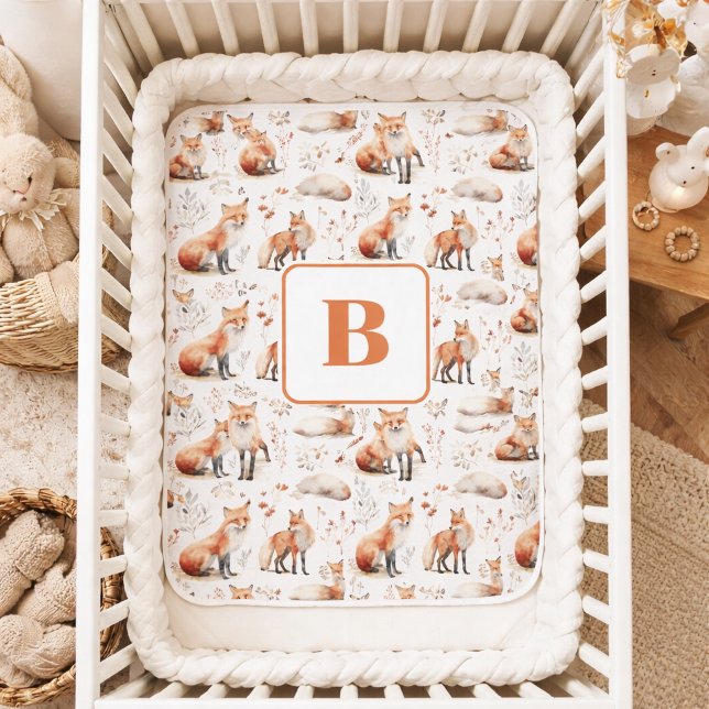 Red fox cute animal nursery monogram baby blanket (Creator Uploaded)