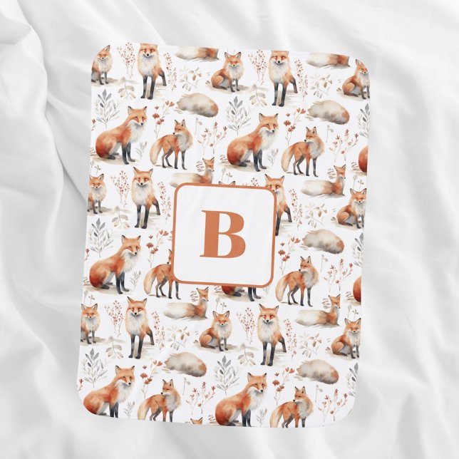 Red fox cute animal nursery monogram baby blanket (Creator Uploaded)