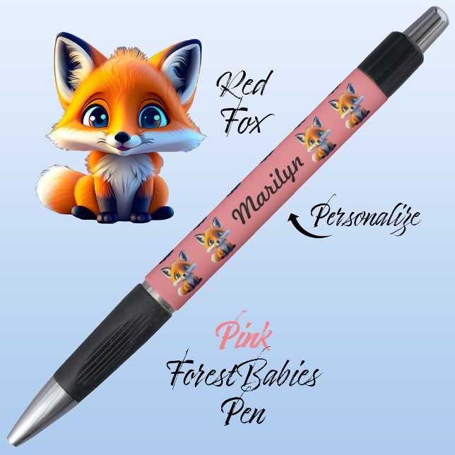 Red Fox, Cute Animal Stationery Gift Colorful Pink Pen (Cute Whimsical Red Fox Cartoon Graphic, pink Personalizable ForestBabies Pen 🦊)