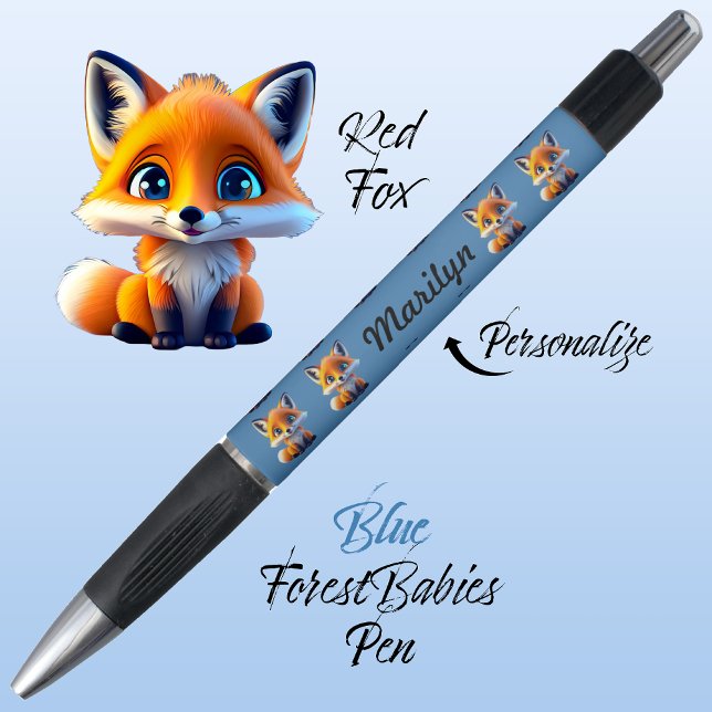 Red Fox, Cute Colorful Blue Childrens School Ink Pen (Cute Whimsical Red Fox Cartoon Graphic, blue Personalizable ForestBabies Pen 🦊)