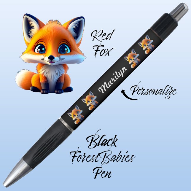 Red Fox, Cute Unique Whimsical Forest Animal Black Pen (Cute Whimsical Red Fox Woodland Forest Wildlife Animal Cartoon Graphic, Black Personalizable Pen 🦊)
