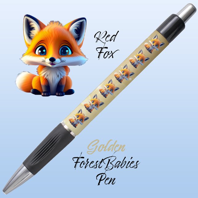 Red Fox Cute Unique Whimsical Forest Animal Gold🦊 Pen (Cute Whimsical Red Fox Cartoon Graphic, gold  ForestBabies Pen 🦊)