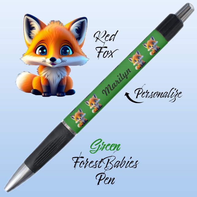 Red Fox, Cute Unique Whimsical Forest Animal Green Pen (Cute Whimsical Red Fox Cartoon Graphic, green Personalizable ForestBabies Pen 🦊)