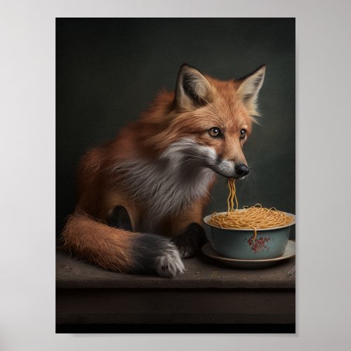 Red Fox Eating a Bowl of Spaghetti Poster