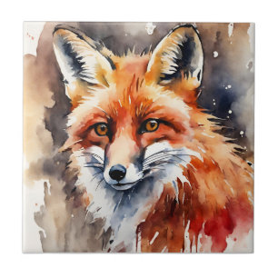 Red Fox Face Watercolor Ceramic Tile