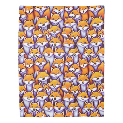 Red fox faces whimsical cartoon woodland pattern duvet cover