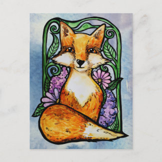 Red Fox Floral Nature Art Postcard