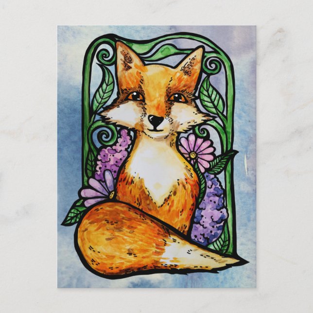 Red Fox Floral Nature Art Postcard (Front)