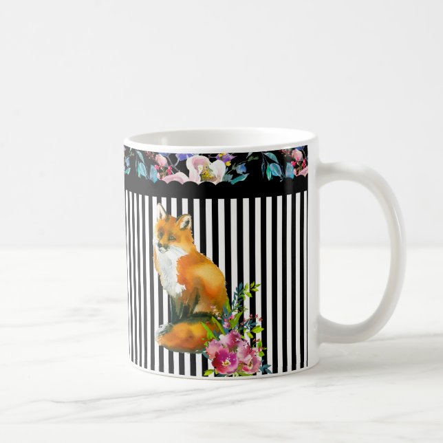 Red Fox Floral & Stripe Design Coffee Cup Mug (Right)