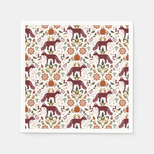Red Fox Folk Art Napkin Rustic Party Decor (Front)