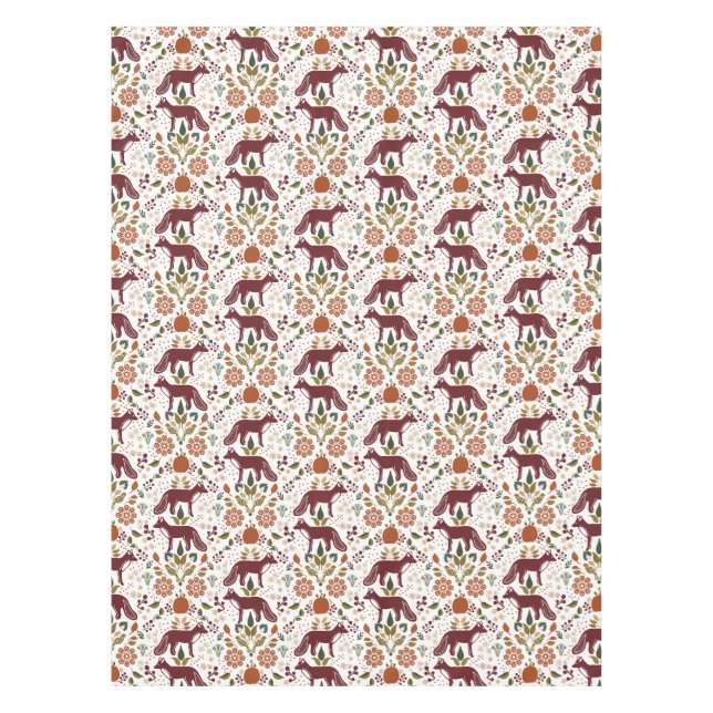 Red Fox Folk Art Tablecloth | Rustic Fall Harvest (Front)