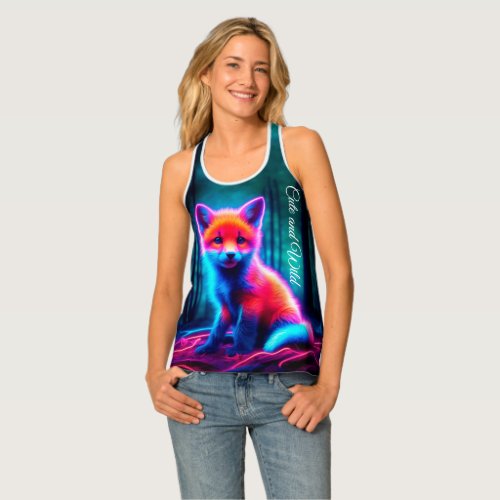 Red fox forest neon night art lovely bright cool tank top