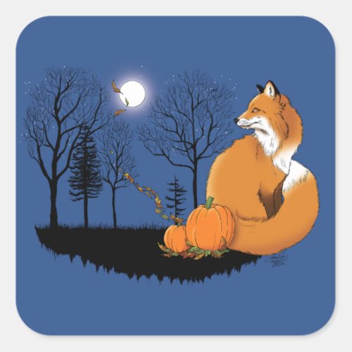 Red Fox Forest Pumpkins Square Sticker