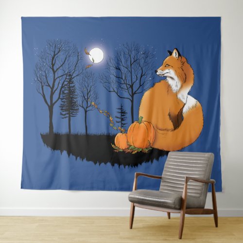 Red Fox Forest Pumpkins Tapestry