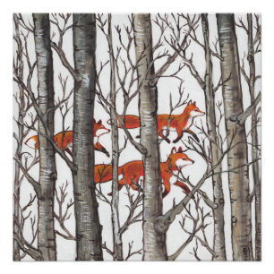Red Fox Foxes in Gray Woods Art Poster