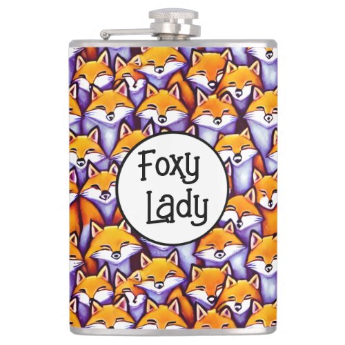 Red fox foxy lady funny cartoon pattern collage  flask