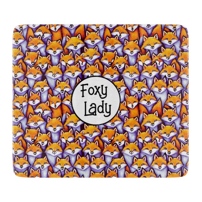 Red fox foxy lady funny doodle cartoon collage fun cutting board (Front)
