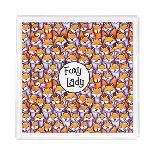 Red fox foxy lady funny doodle cartoon print acrylic tray