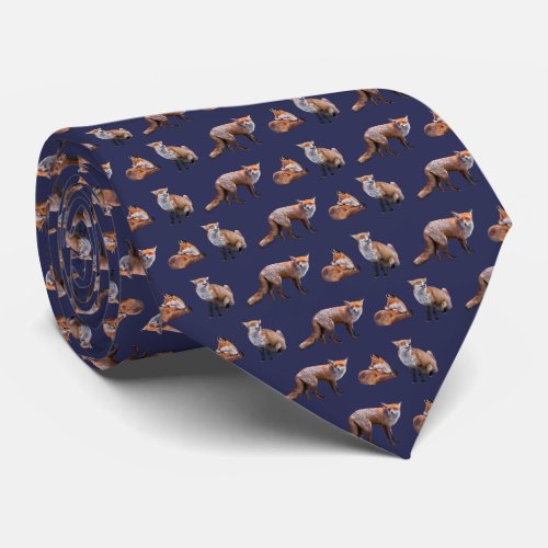 Red Fox Frenzy Tie Double Sided Print Navy