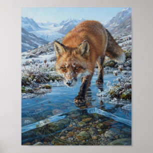 Red Fox Frozen Stream Alpine Mountain Winter Metal Poster
