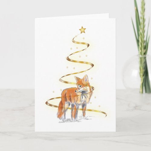 Red Fox in a Gold Ribbon Christmas Tree Card