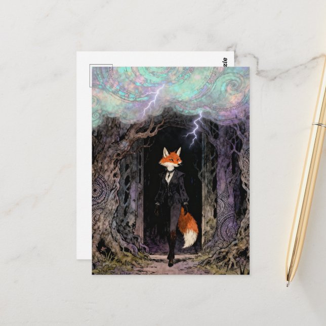 Red Fox in a Suit Forest Thunderstorm Postcard (Front/Back In Situ)