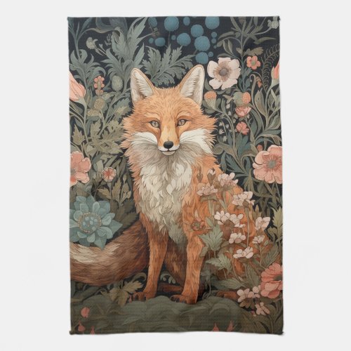 Red Fox in Autumn Garden William Morris Style Kitchen Towel