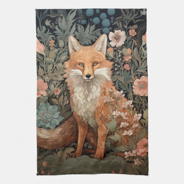 Red Fox in Autumn Garden William Morris Style Kitchen Towel (Vertical)